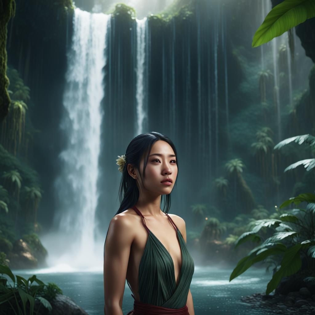 Asian Woman Under Jungle Waterfall in Detailed Matte Paintin...