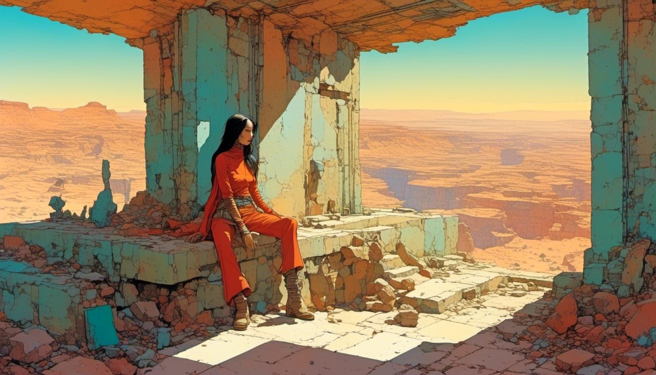 Moro Girl on Veranda in Desert Valley