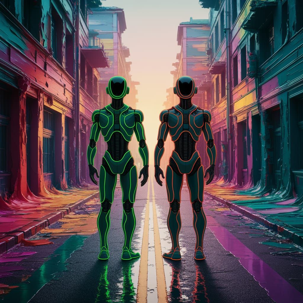 Humanoids on Abandoned Street in Surreal Impasto Style