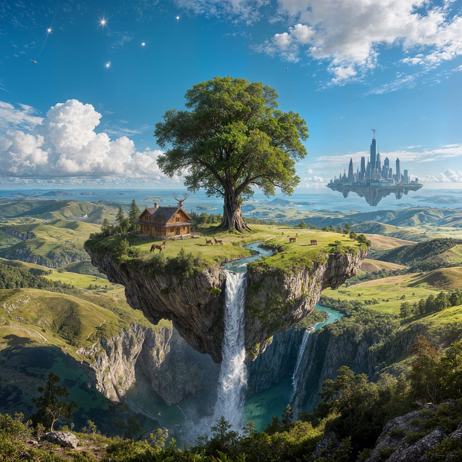 Floating Island with Waterfall & Distant City