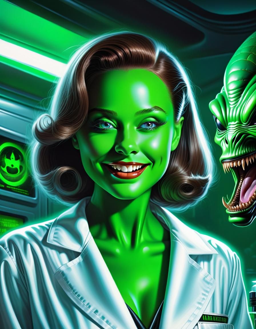 Haunted Alien Scientist in 1950s Poster Style