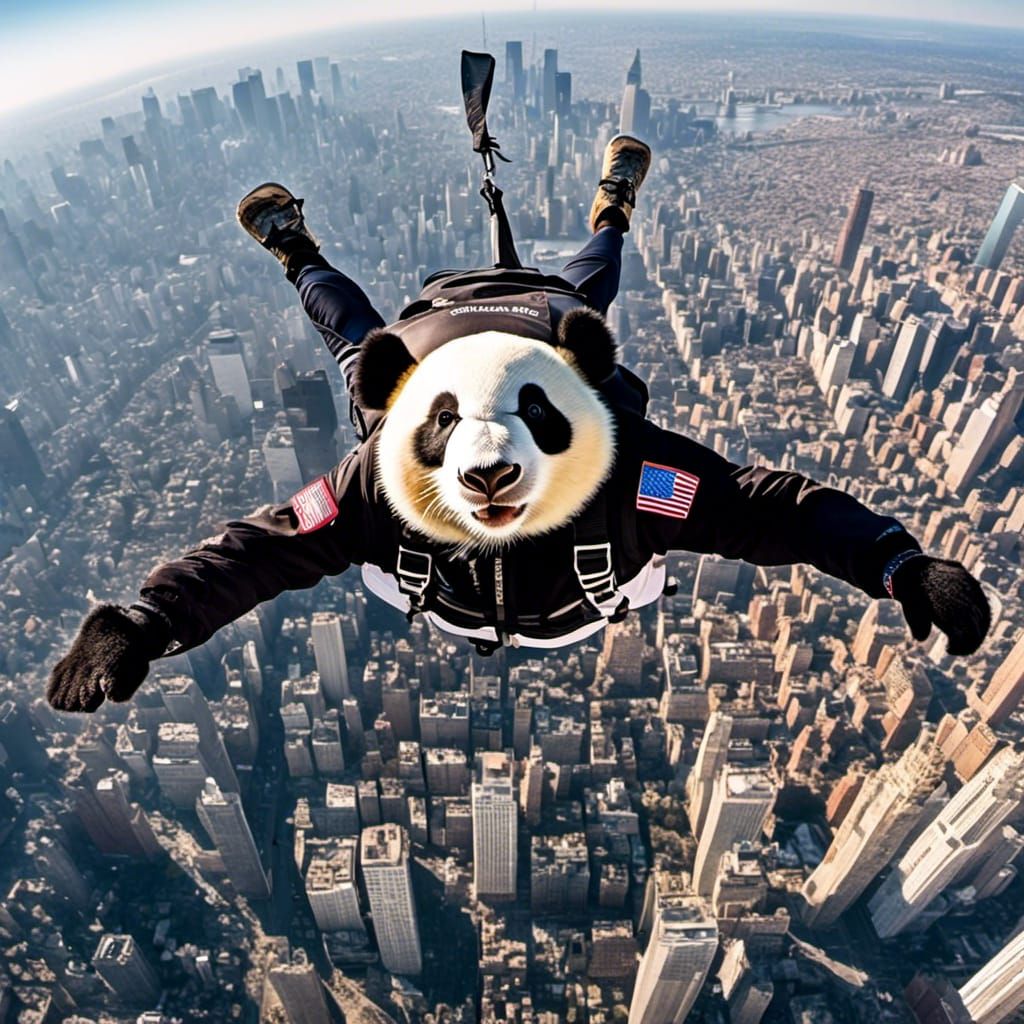 Panda Skydiving Over NYC in Hyperreal Style