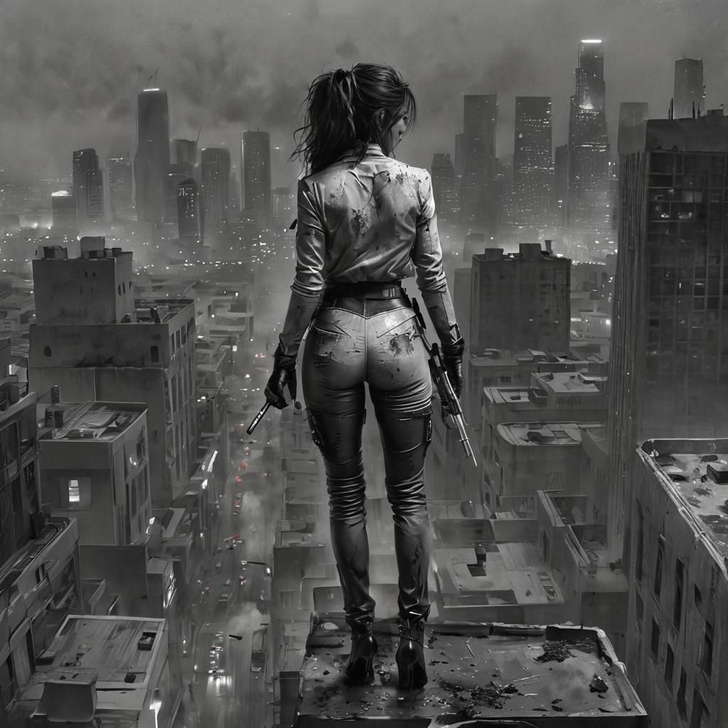 Modern Female Assassin Stalks Rooftops in Dark, Foggy Downto...
