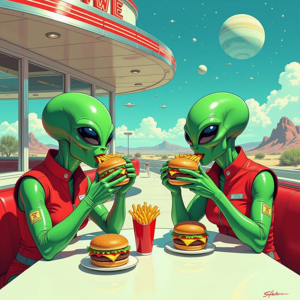 Retro Diner on Alien Planet in Comic Book Style