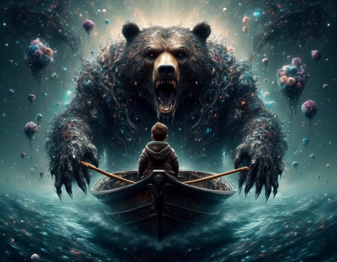 Miniature Man Versus Giant Bear in Dark Sparkle Style