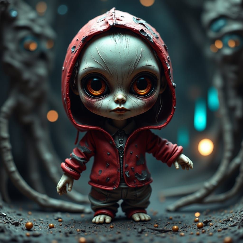 Dystopian Sci-Fi Chibi Marionette in Alien Landscape