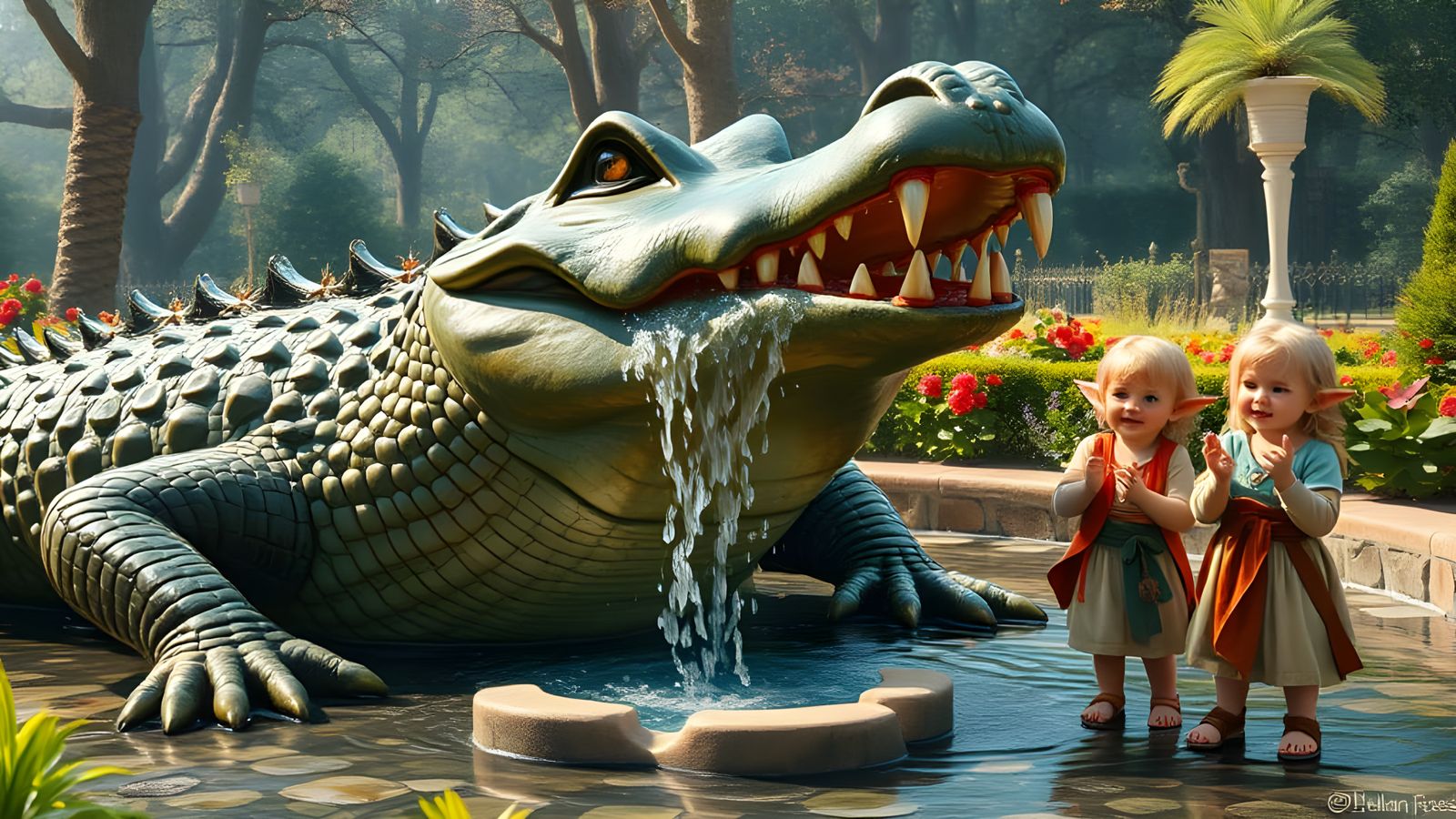 Whimsical Crocodile Fountain in Magical Park Painting