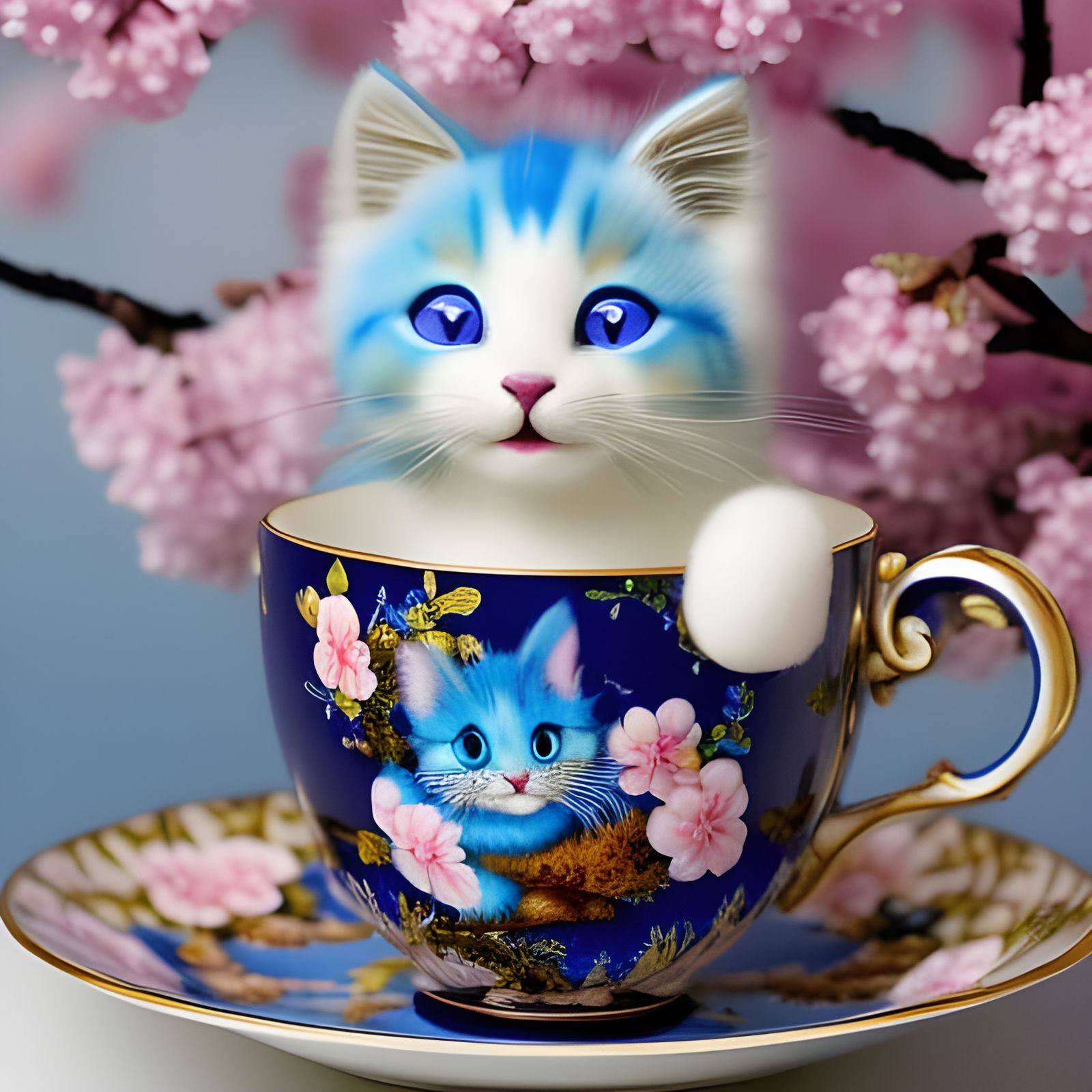 Cute Blue Kitty in Sakura Teacup: Fantasy Art