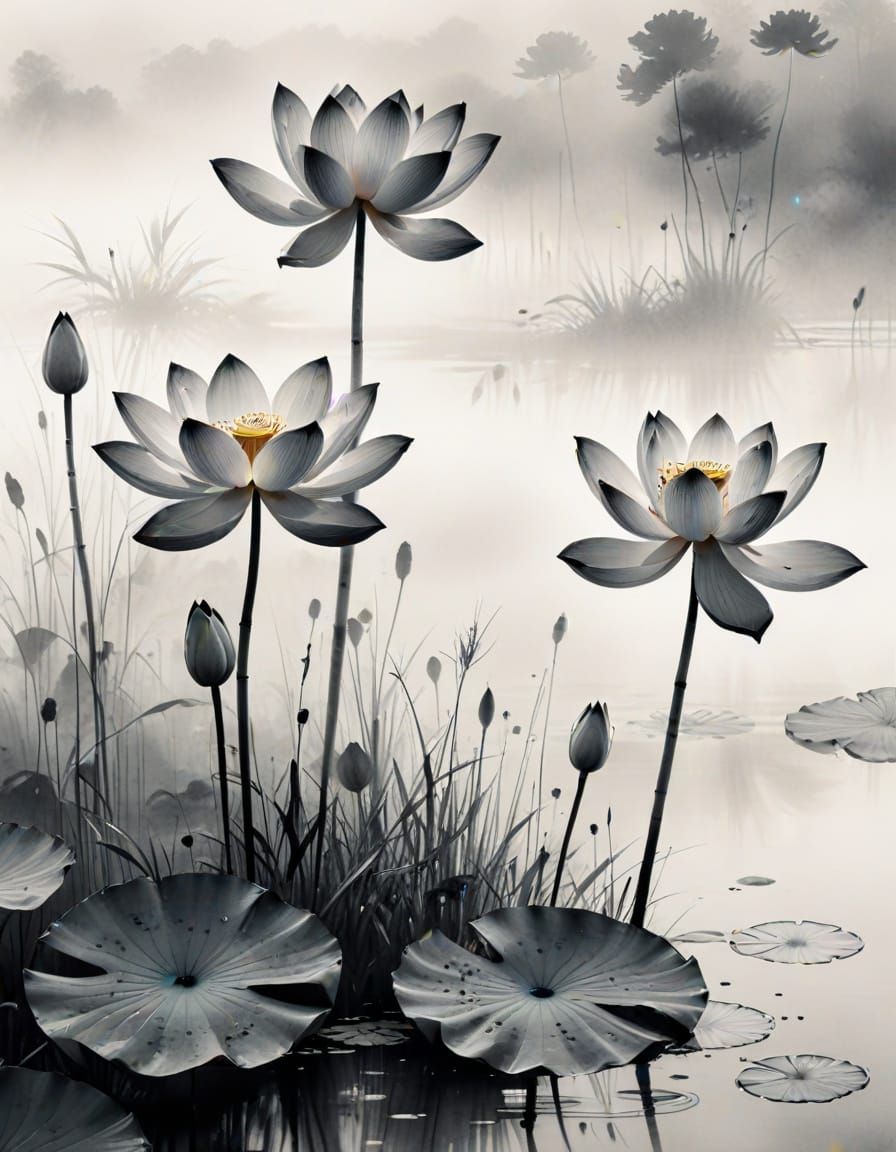 Traditional Japanese Lotus in a Serene Misty Pond