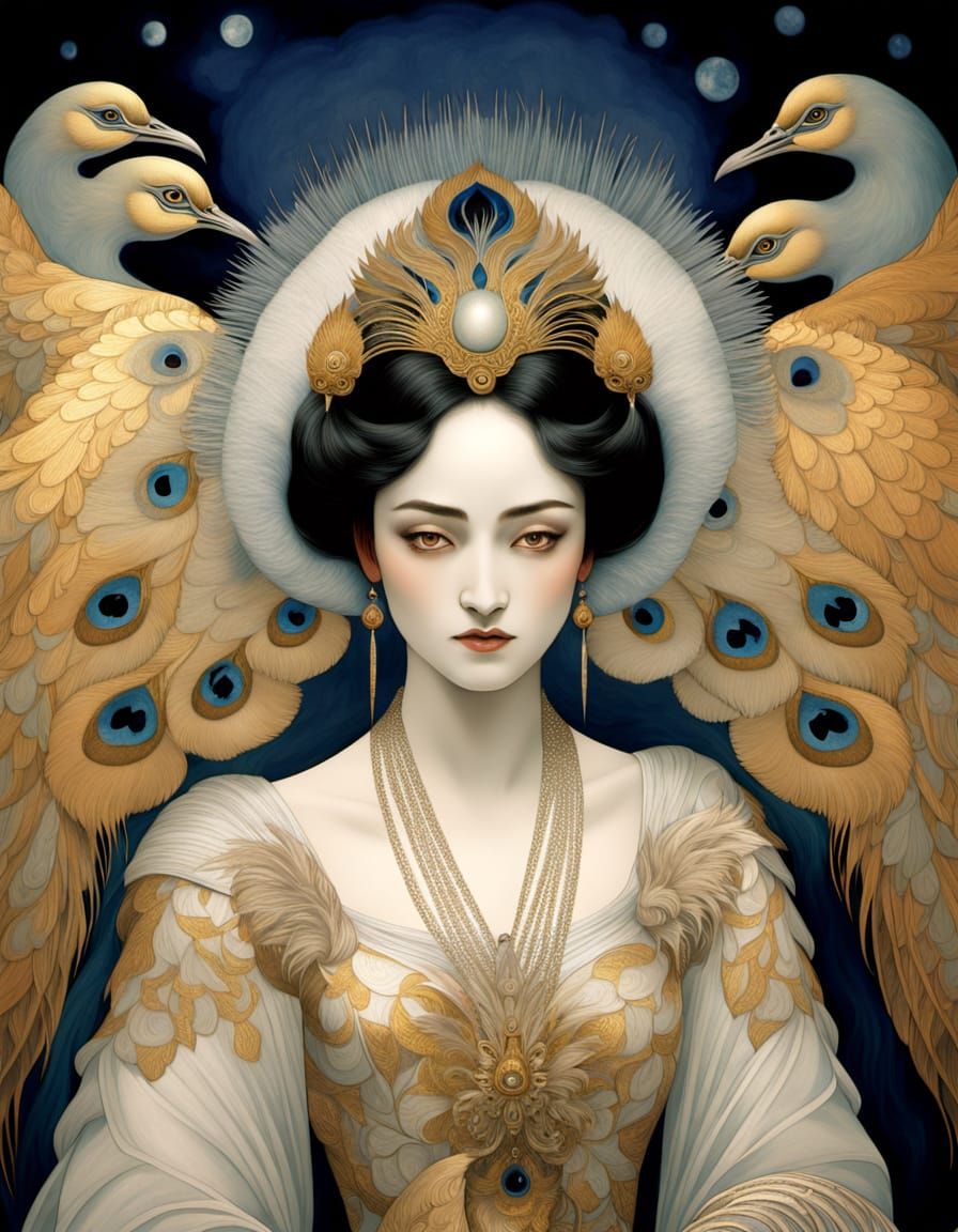 Surreal Art Nouveau Goddess with Peacock in Ethereal Moonlit...