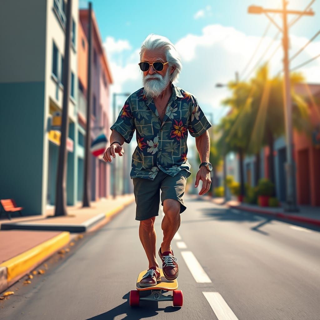 Skateboarding Senior Citizen in Vibrant Street Art Style