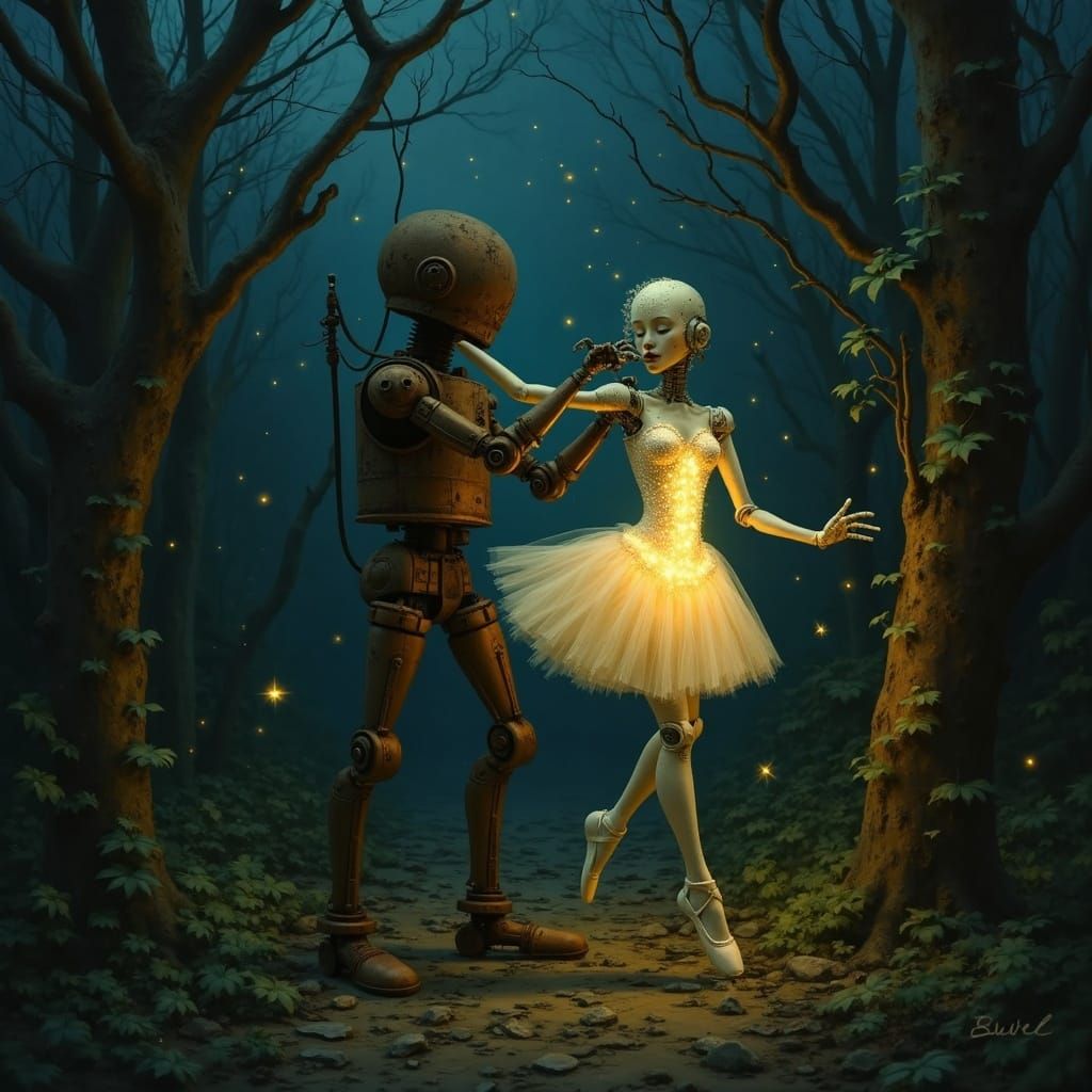 Ballerina Robot and Spirit in Overgrown Park