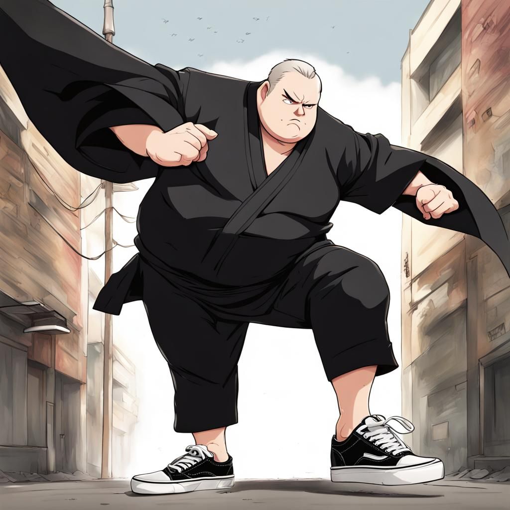 Middle-Aged Man in Wing Chun Outfit, Anime Style