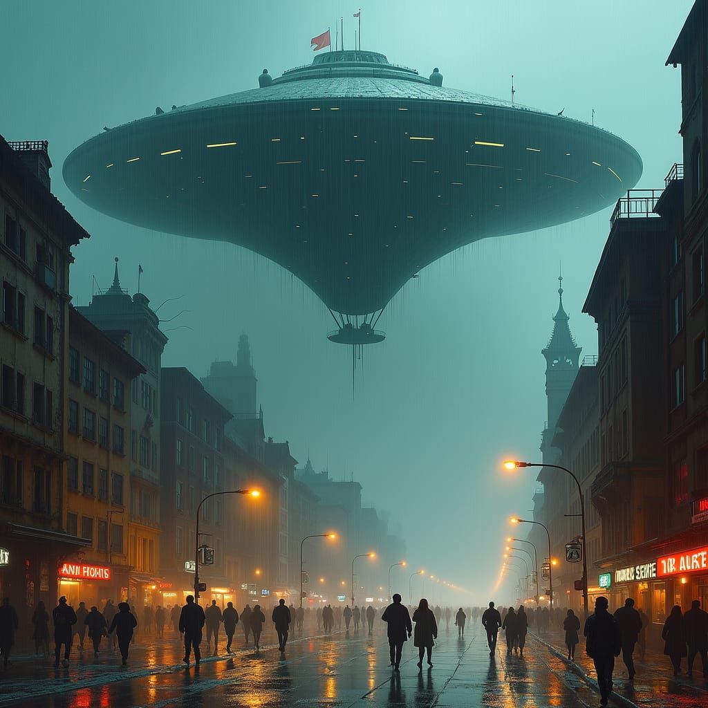 Futuristic City Dominated by Looming Spaceship