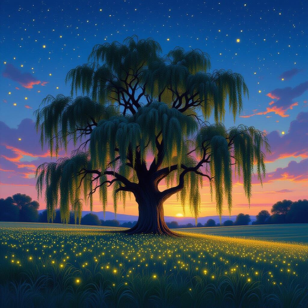 Luminous Fireflies Surround Ancient Willow Tree