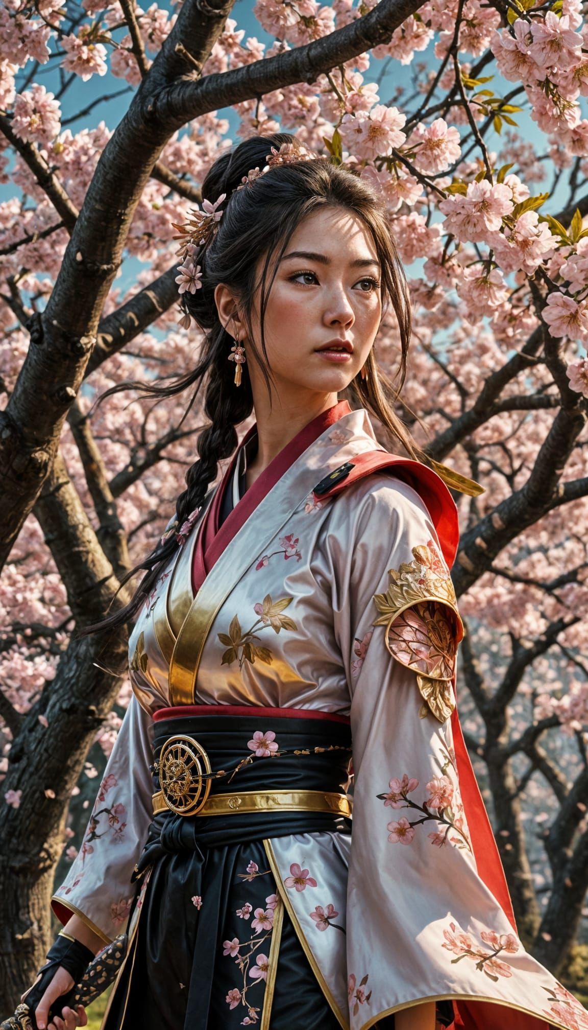 Samurai Woman Made of Cherry Blossoms in Anime Style