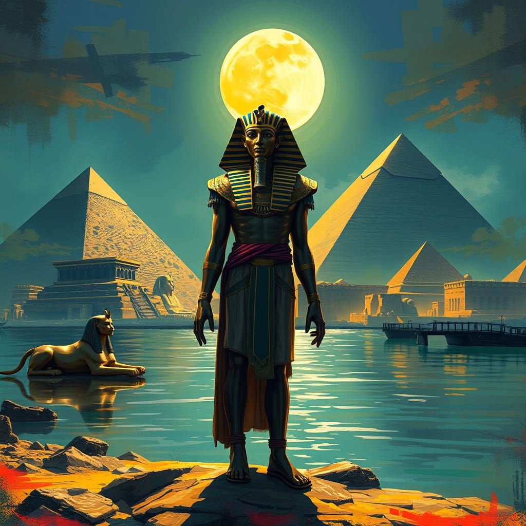Egyptian Pharaoh Overlooking Nile in Hyperrealistic Splash A...