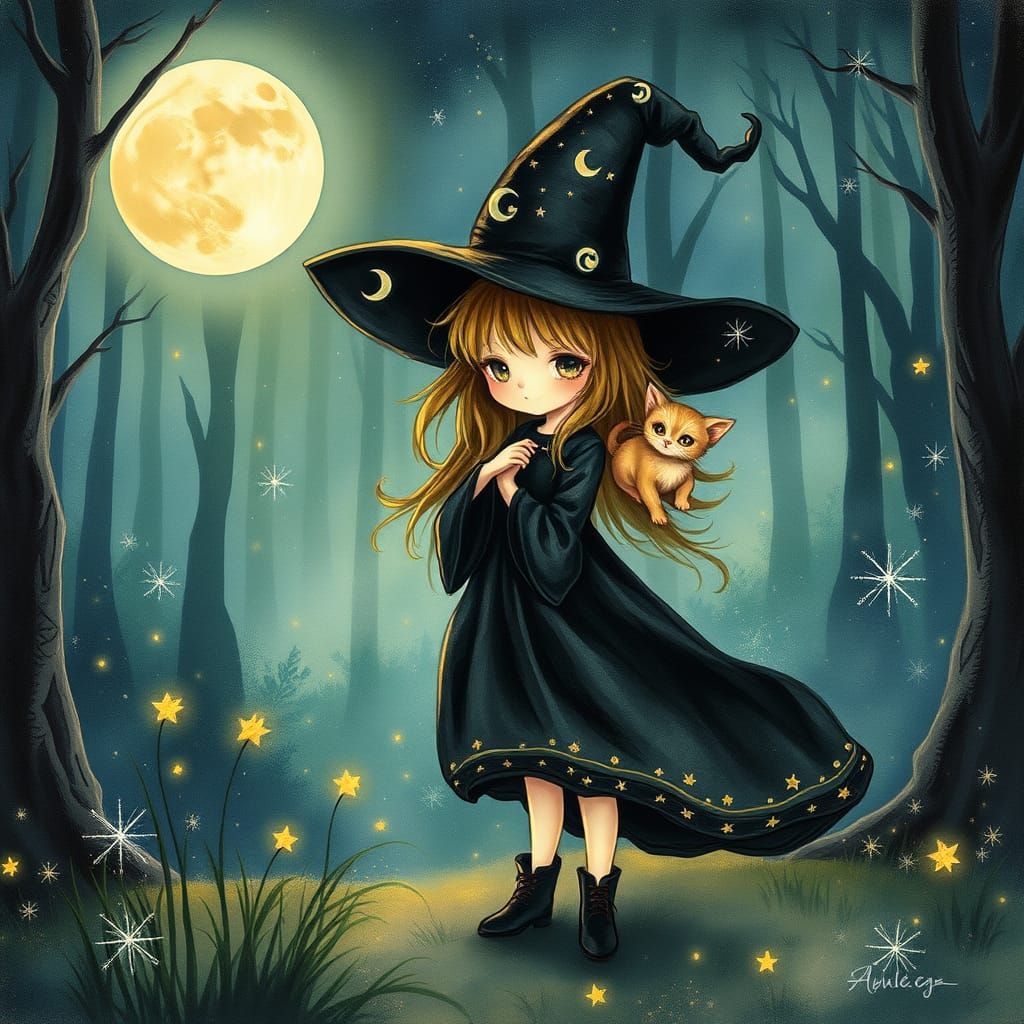 Little Witch Casts Spell Under Full Moon