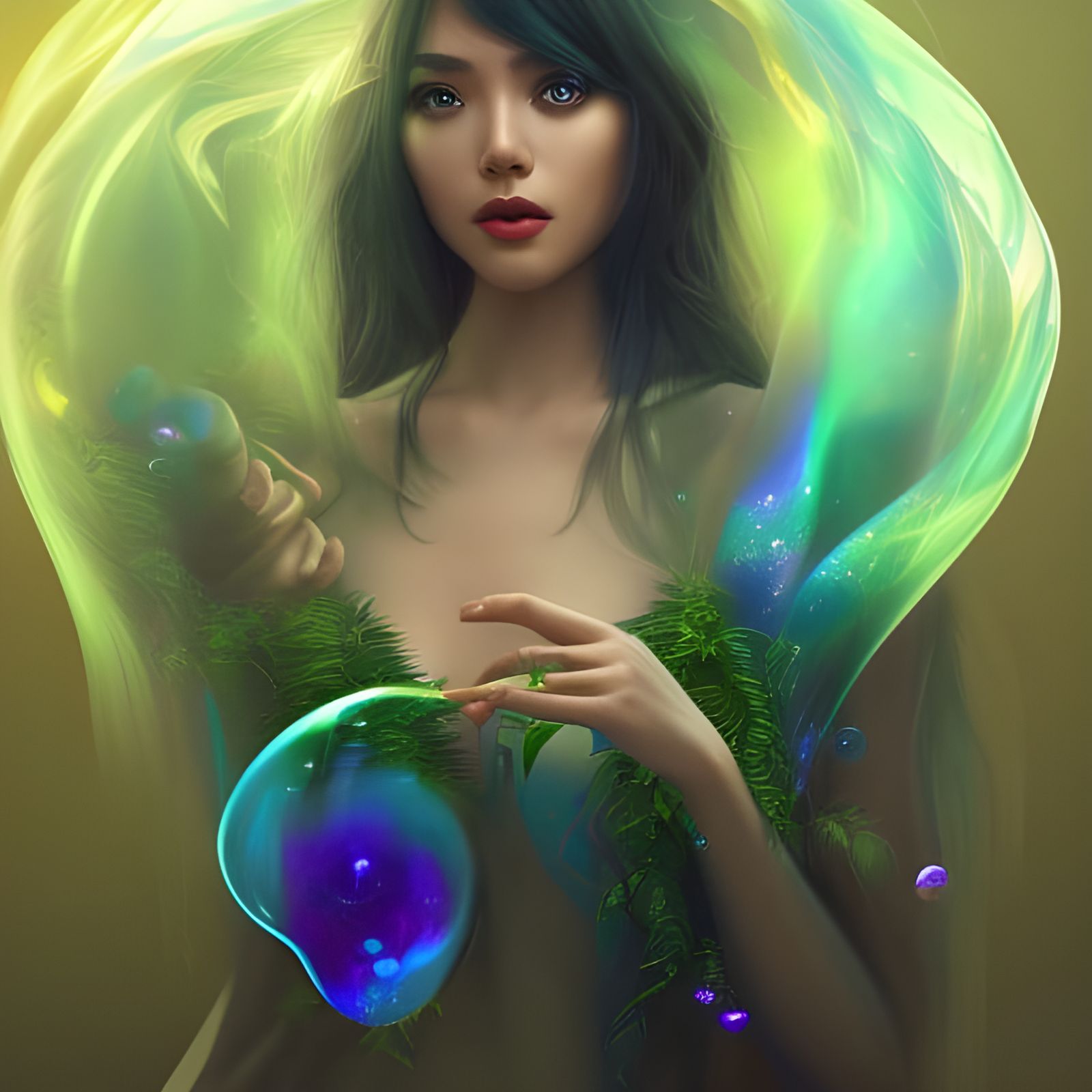 Pothos Plant Woman Blowing Iridescent Bubbles