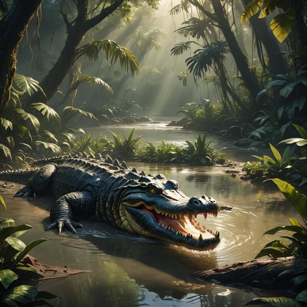 Crocodiles Basking in Sunlight: Hyperrealistic Concept Art