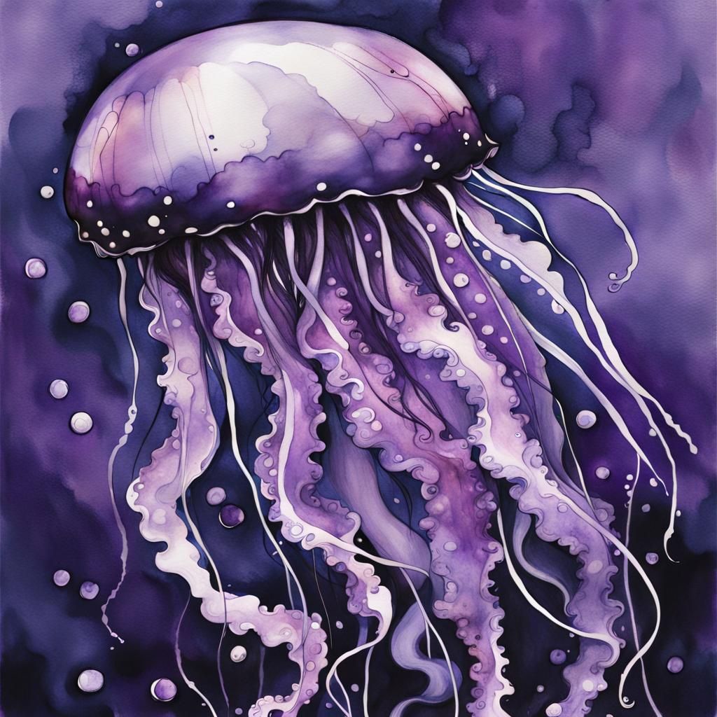 Purple Jellyfish in a Purple Ocean: Ink Illustration