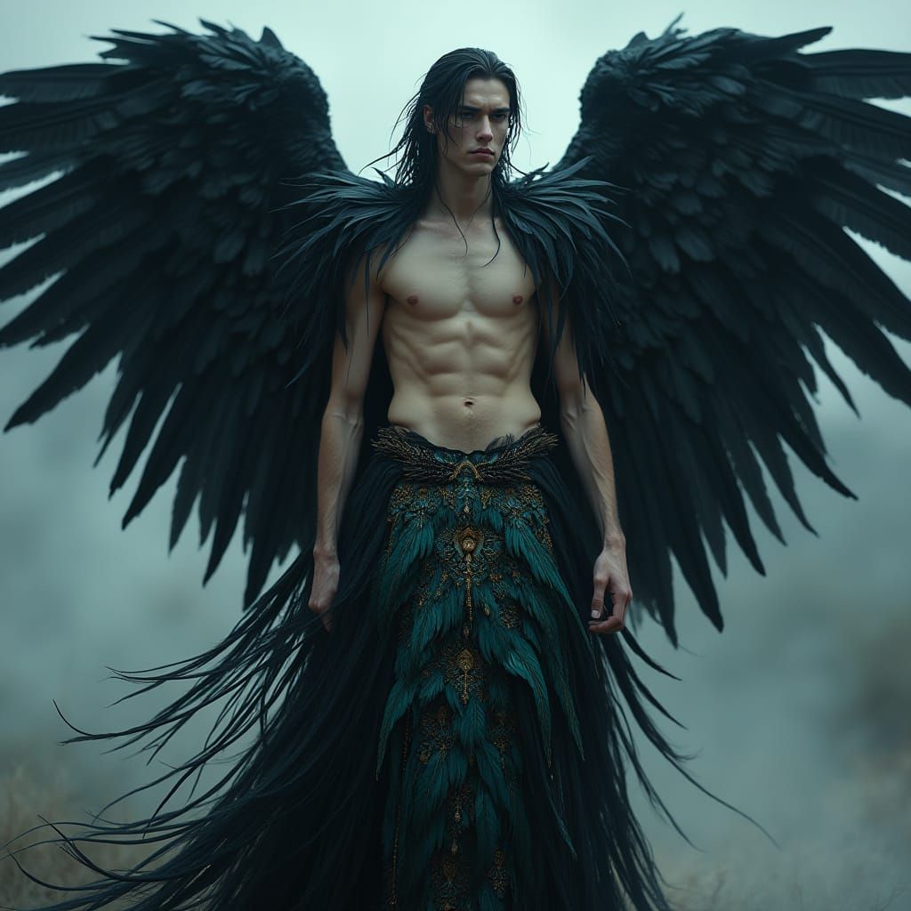 Ethereal Warrior in Raven Feathers and Majestic Skirt