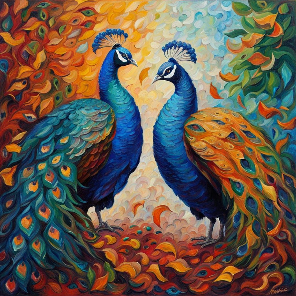 Peacocks Face-to-Face in Expressionist Oil Painting