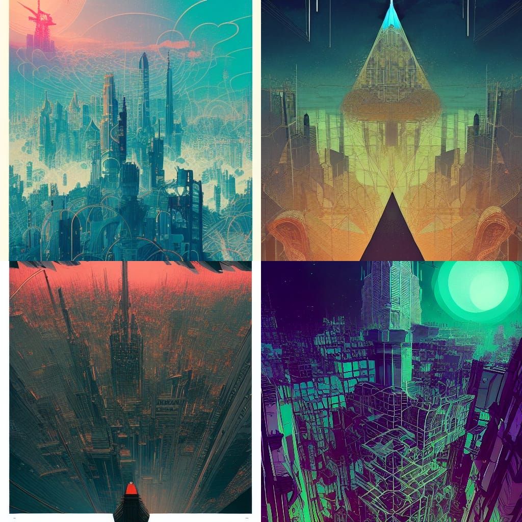 Geometric City Skyline Photography in Cel-Shaded Style