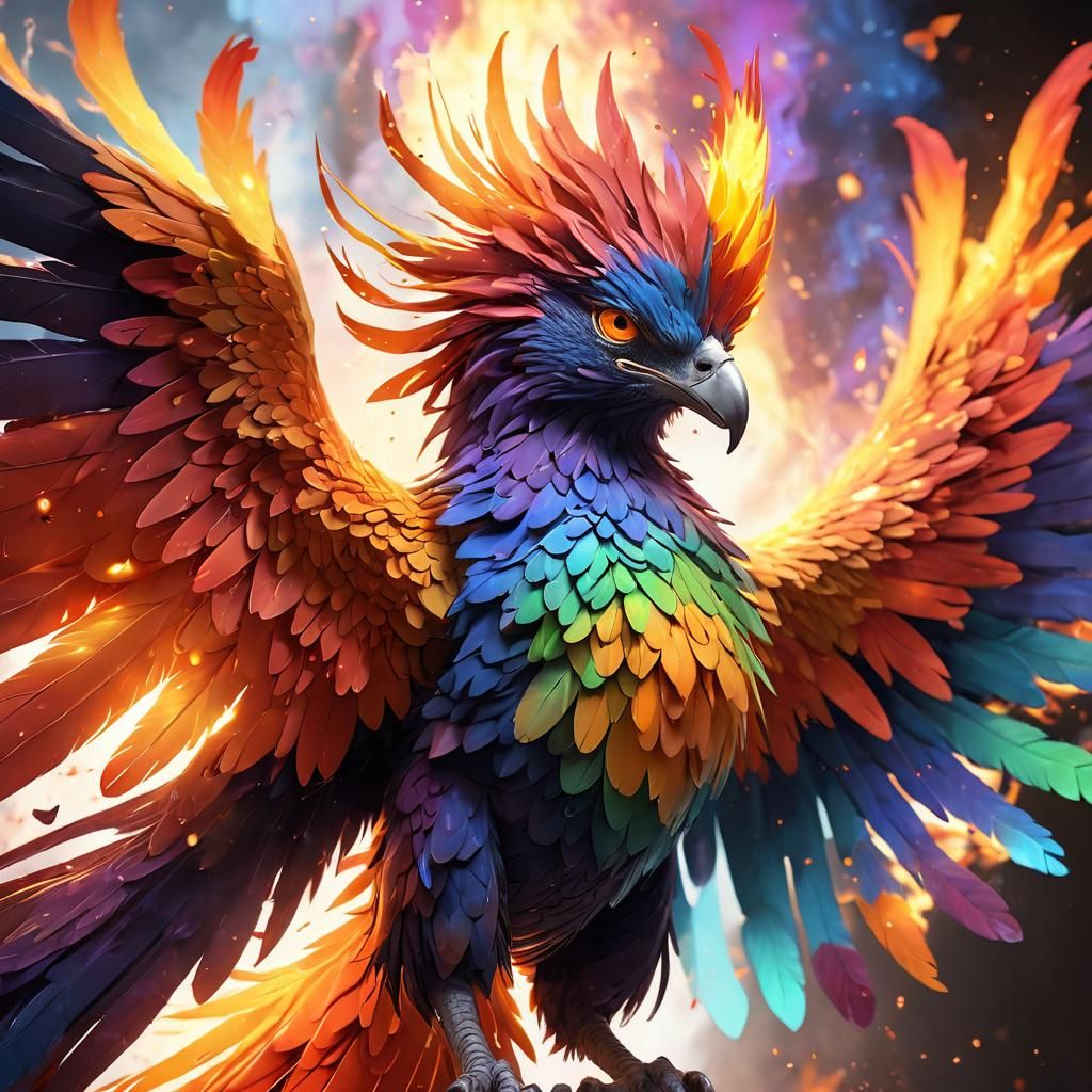 Rainbow Phoenix in Vibrant 3D Anime Style
