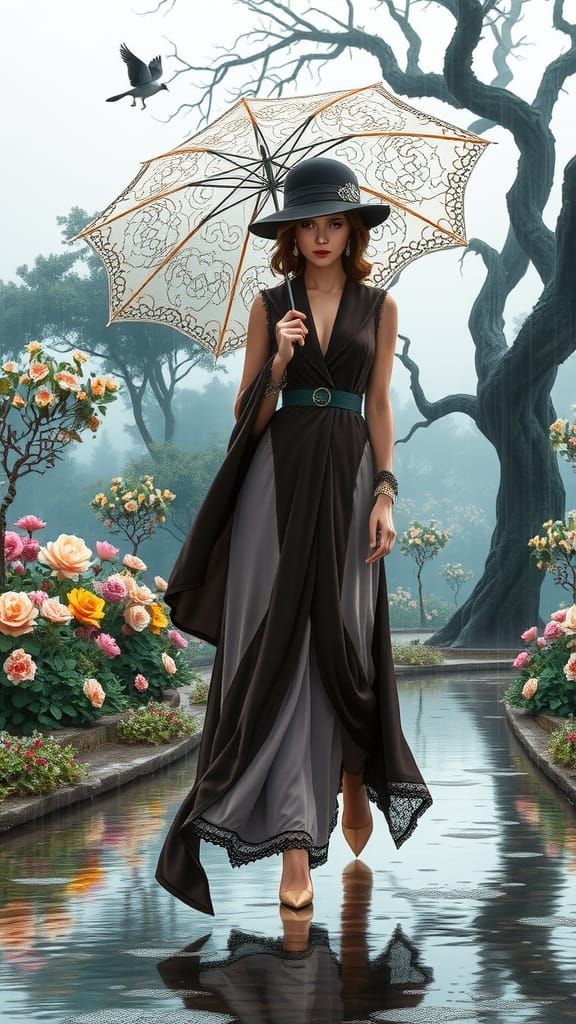 Elegant Woman with Lace Umbrella in Rainy Landscape