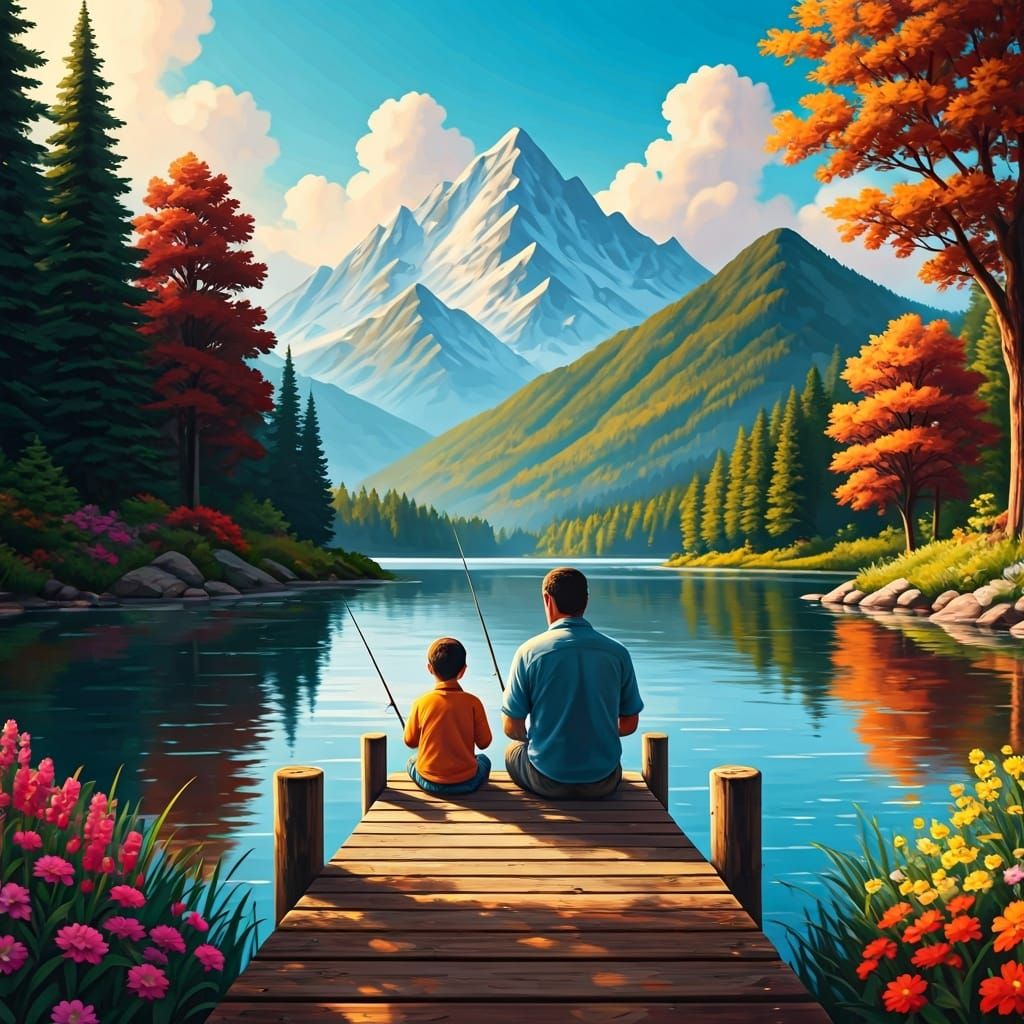 Father and Son Fishing at Lake, Bob Ross Style