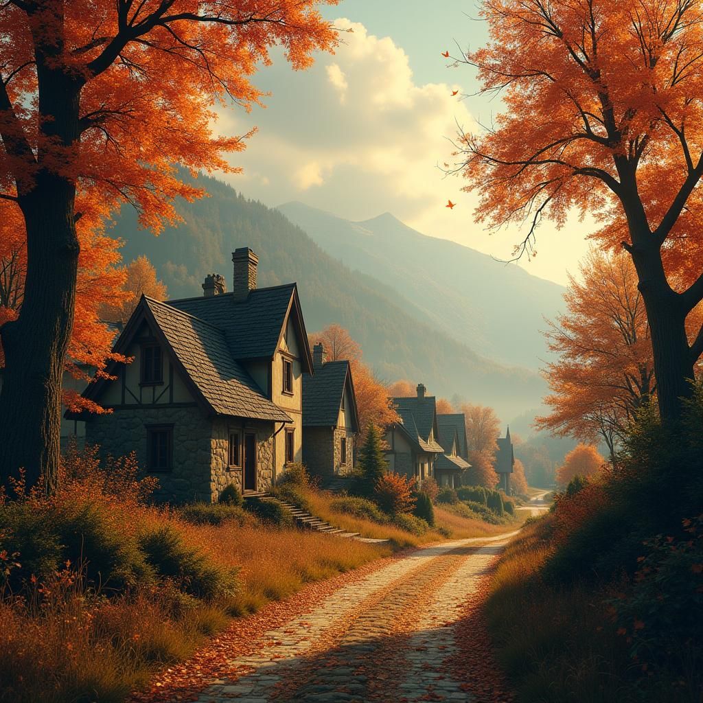 Autumn Village Scene in Mystical Realism Style