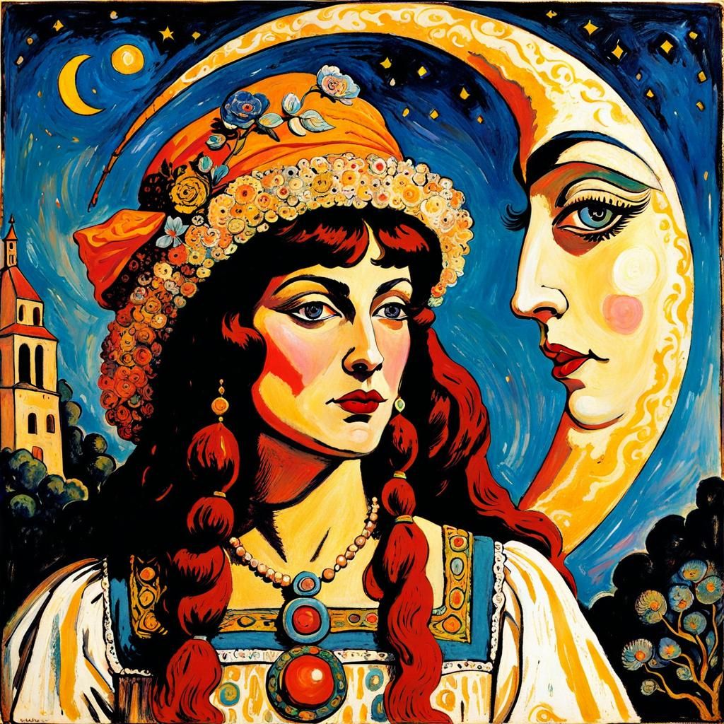 Psychedelic Moon Goddess in Naive Art Style