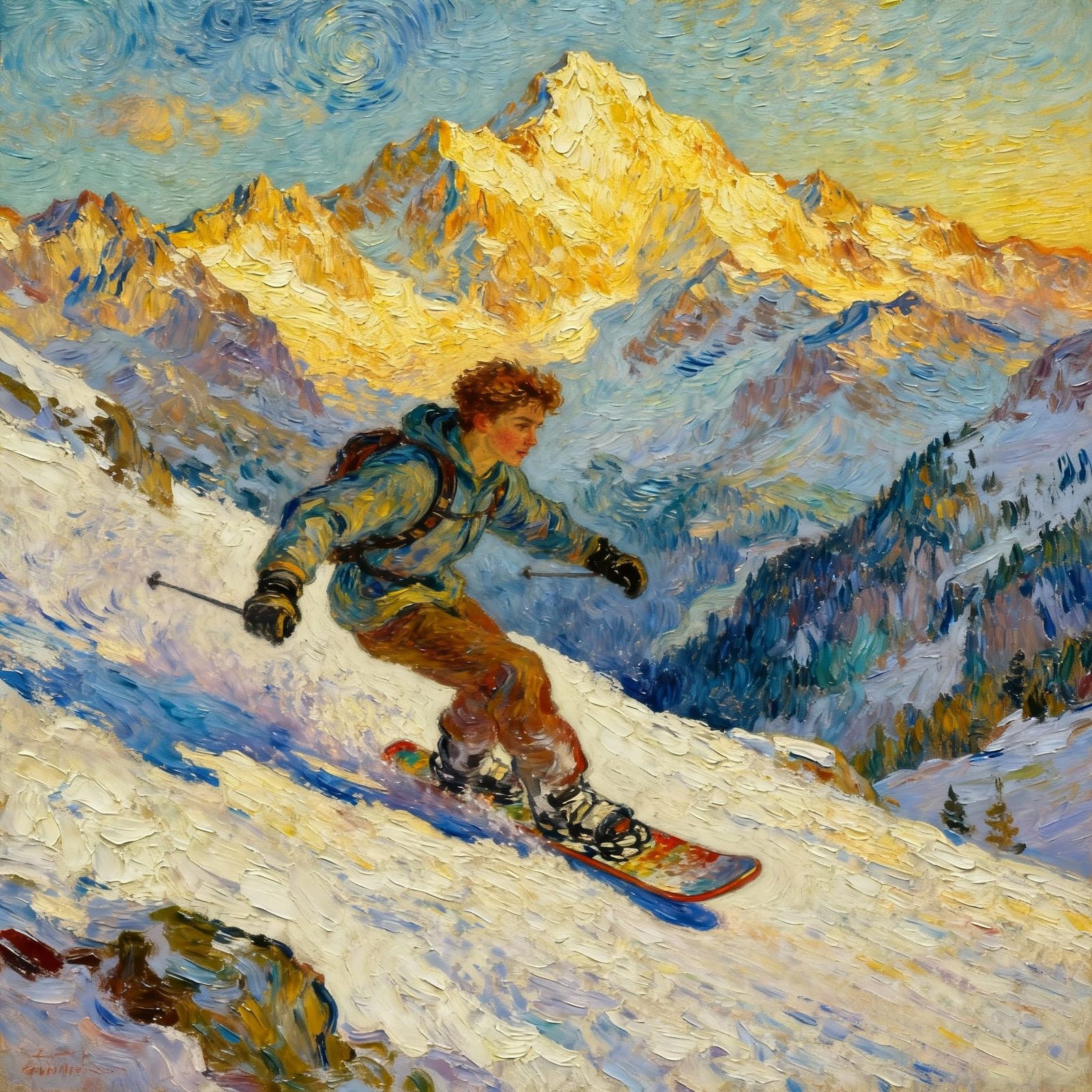 Snowboarder in Swiss Alps, Impasto Oil Painting Style