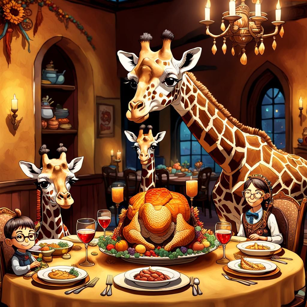 Chibi Giraffe Family Thanksgiving Dinner: Fantasy Concept Ar...