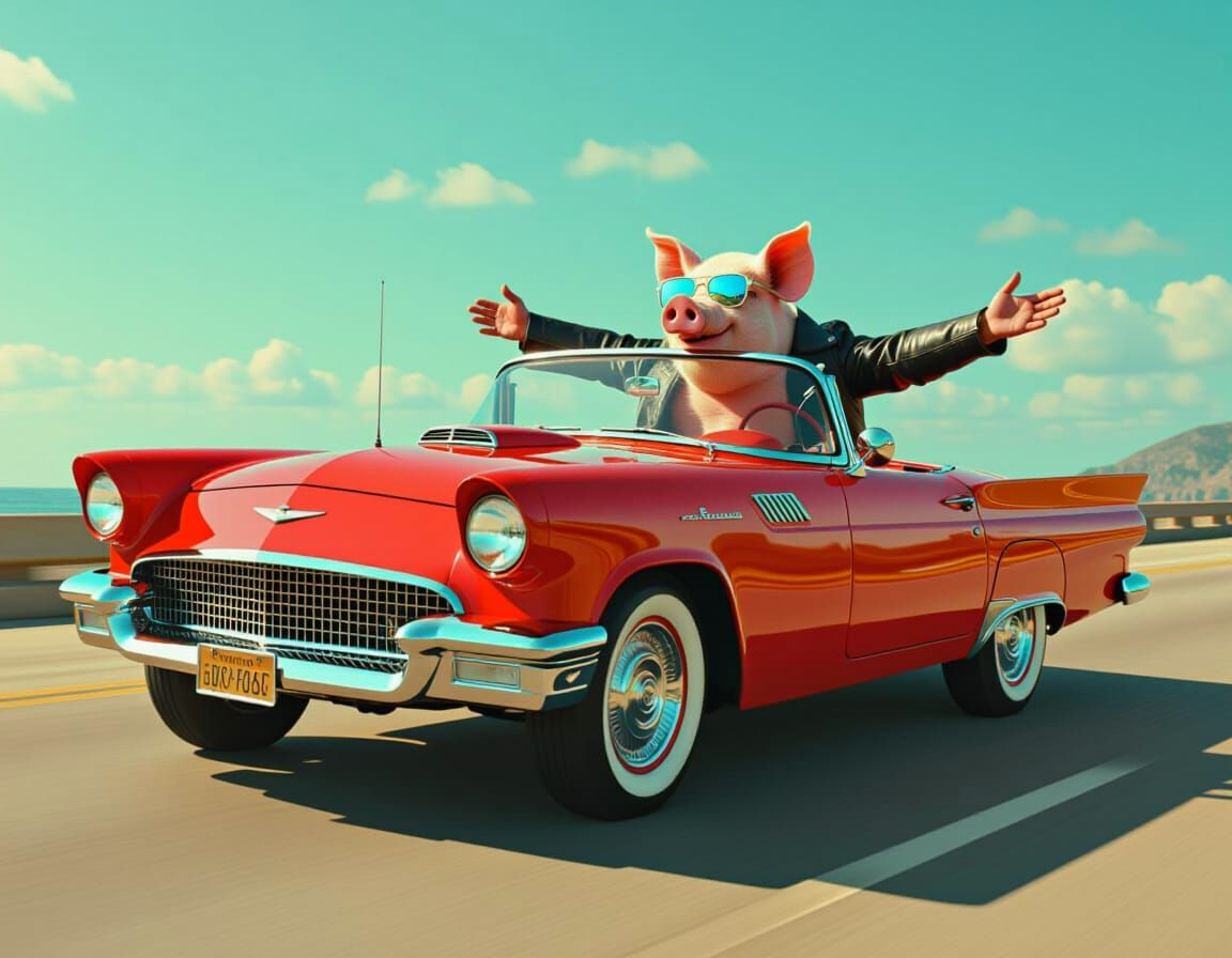 Cool Pig Drives Convertible in Cinematic Scene