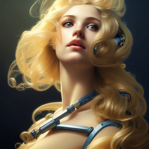 Steampunk Robotic Woman Portrait in Art Nouveau Style