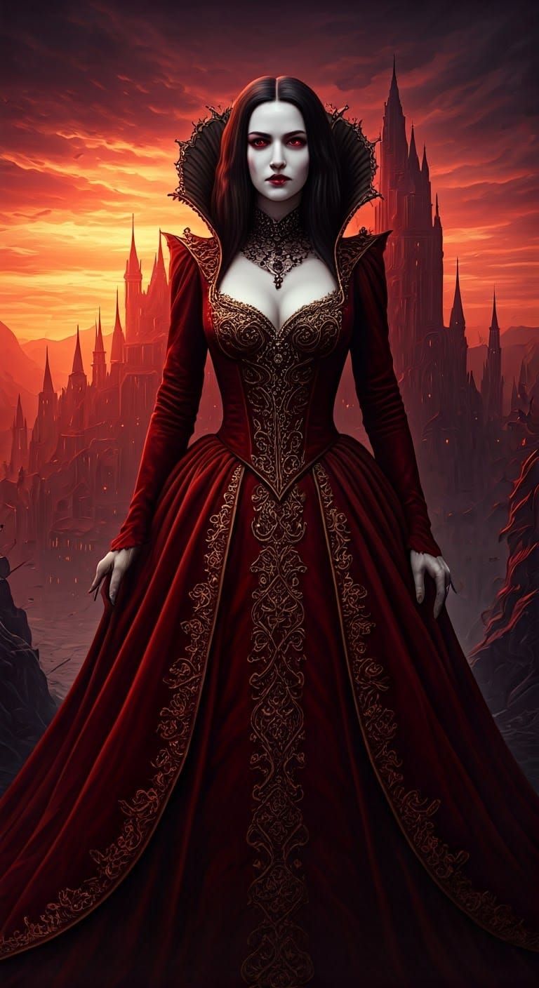 Lady Vampiress in Gothic Castle, Matte Painting Style