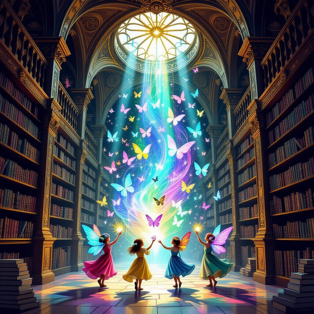 Enchanted Library with Ascending Books and Fairy Guides