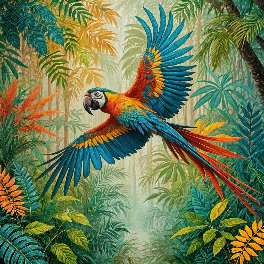 Lush Jungle Landscape in Rousseau Folk Art Style