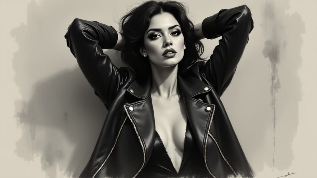 Confident Woman in Noir-Inspired Leather Portrait