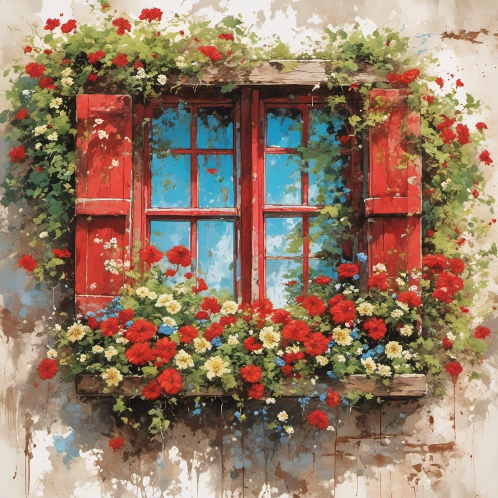 Colorful Flowers Surround an Old Red Window