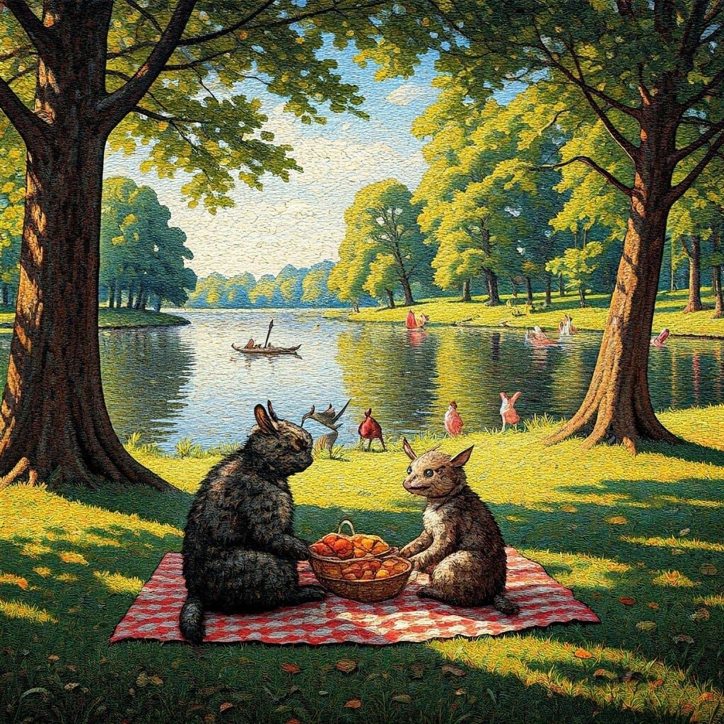 Alebrije Picnic: Pointillist Impressionism in Park Setting