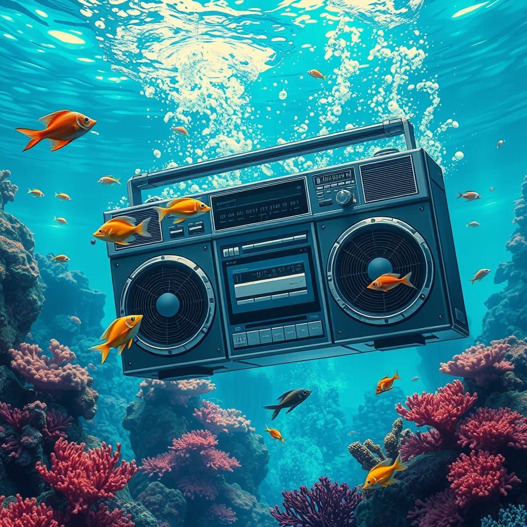 Underwater Boombox Concept Art in Coral Reef Aquarium