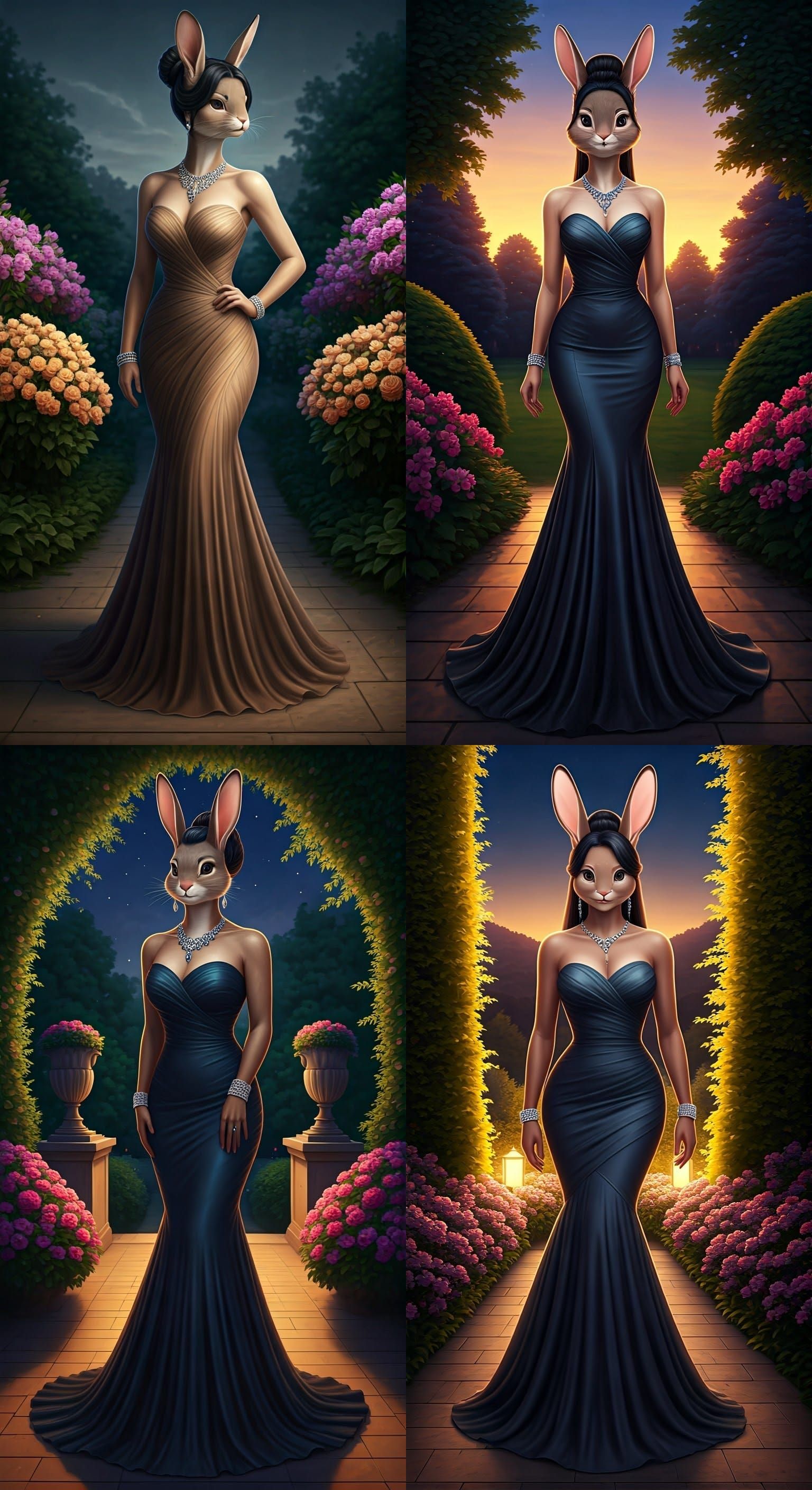 Anthropomorphic Rabbit in Evening Gown at Garden Party