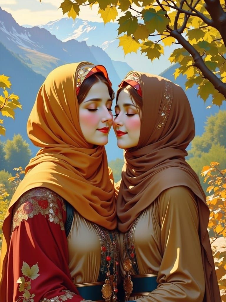 Moody Portrait of Two Friends in Autumn Landscape, Art Nouve...