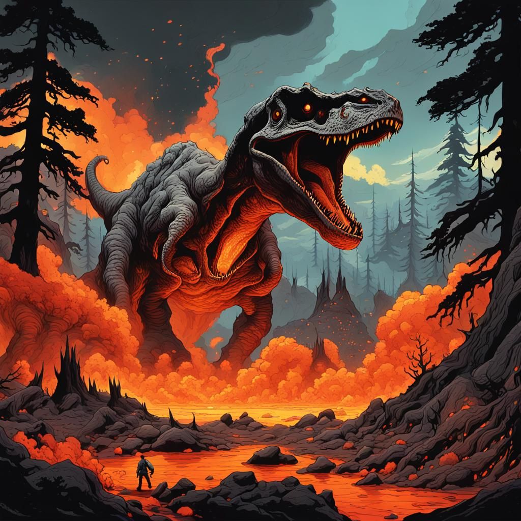 Towering Dinosaurs Roam a Primeval Fantasy Landscape Amidst....