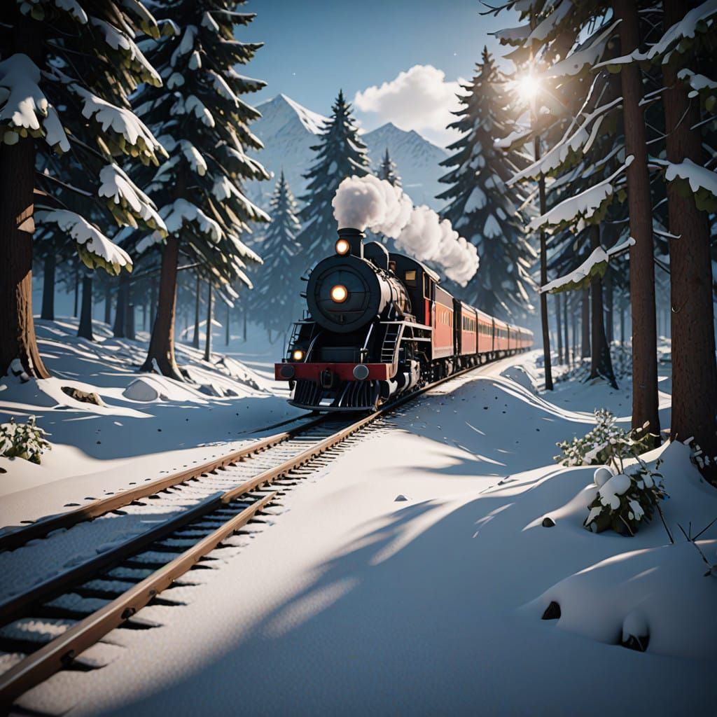 Train Emerging From Winter Storm Clouds in Cyberpunk Style