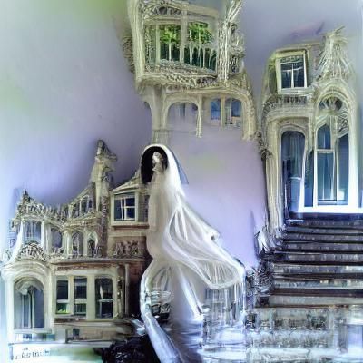 Gothic Victorian Mansion with Ghostly Woman