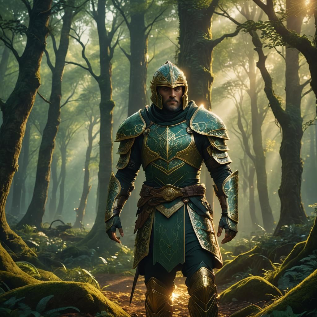 Fantasy Hero in Mystical Forest: Emerald Light